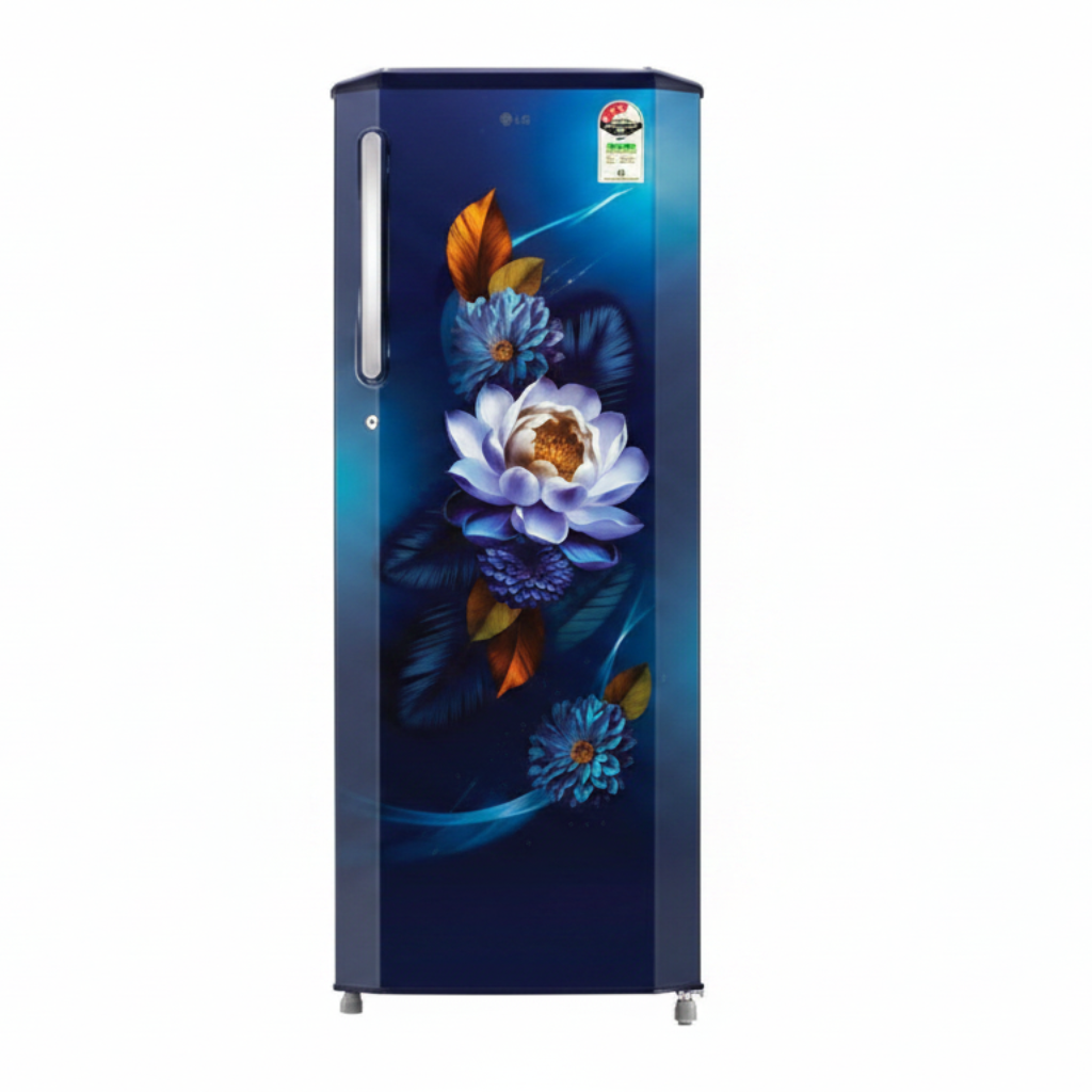 Blue refrigerator with floral design on a white background
